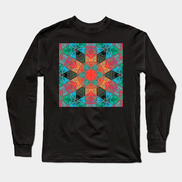 Mosaic Kaleidoscope Flower Pink and Teal Long Sleeve T-Shirt by WormholeOrbital